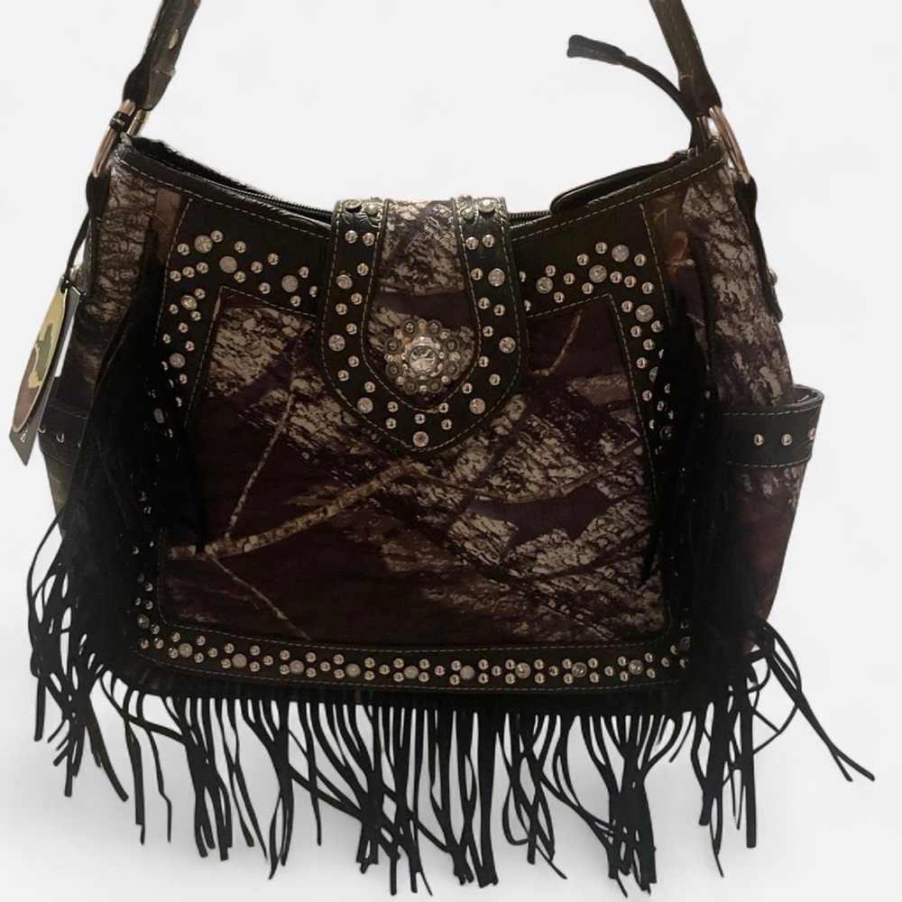 Camouflage Fringe Studded Shoulder Bag
